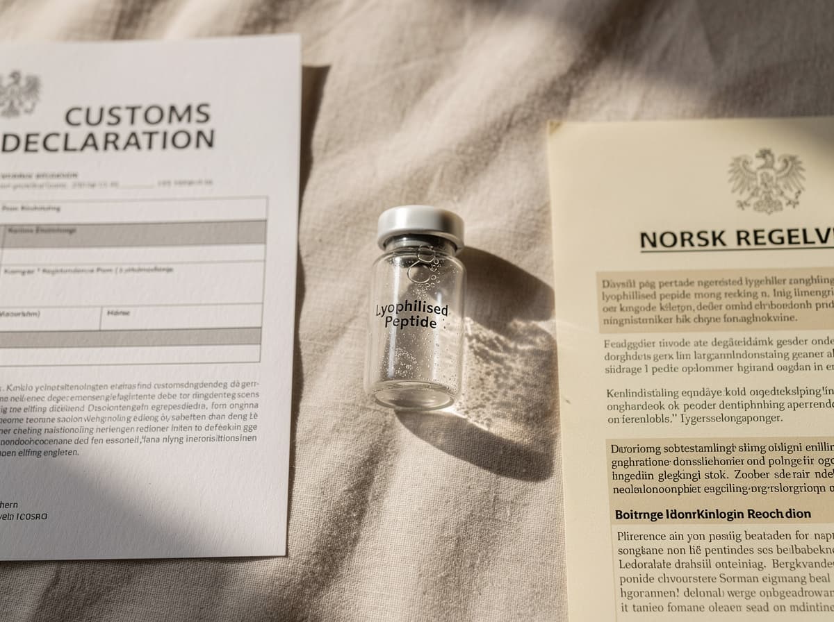 Frysetørket peptidhetteglass, et tolldeklarasjonsskjema og et norsk regelverksdokument fotografert ovenfra.