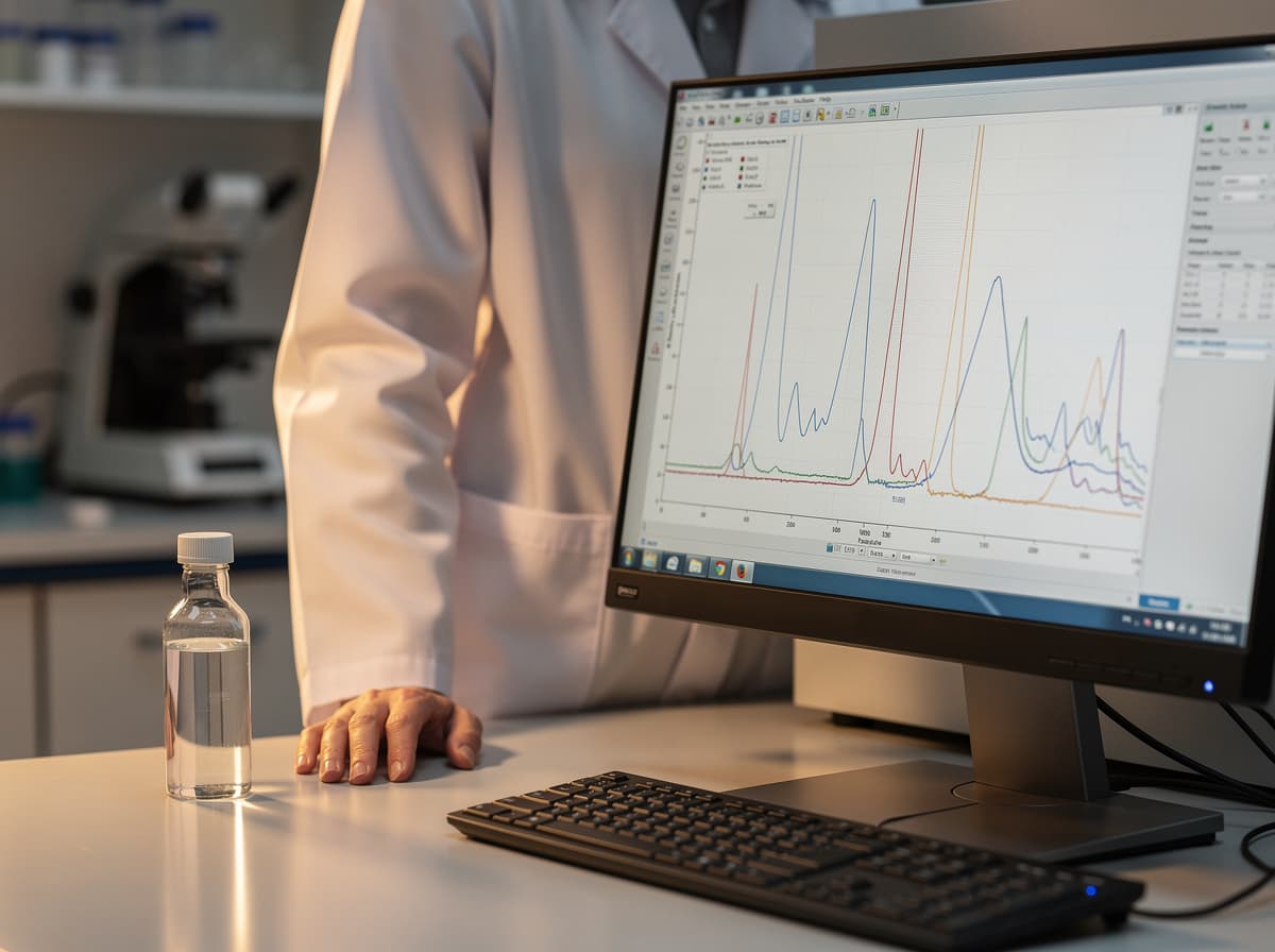 Analytisk kjemiker som gjennomgår et massespektrometrikromatogram på en laboratorieskjerm ved siden av et forseglet prøveglass.