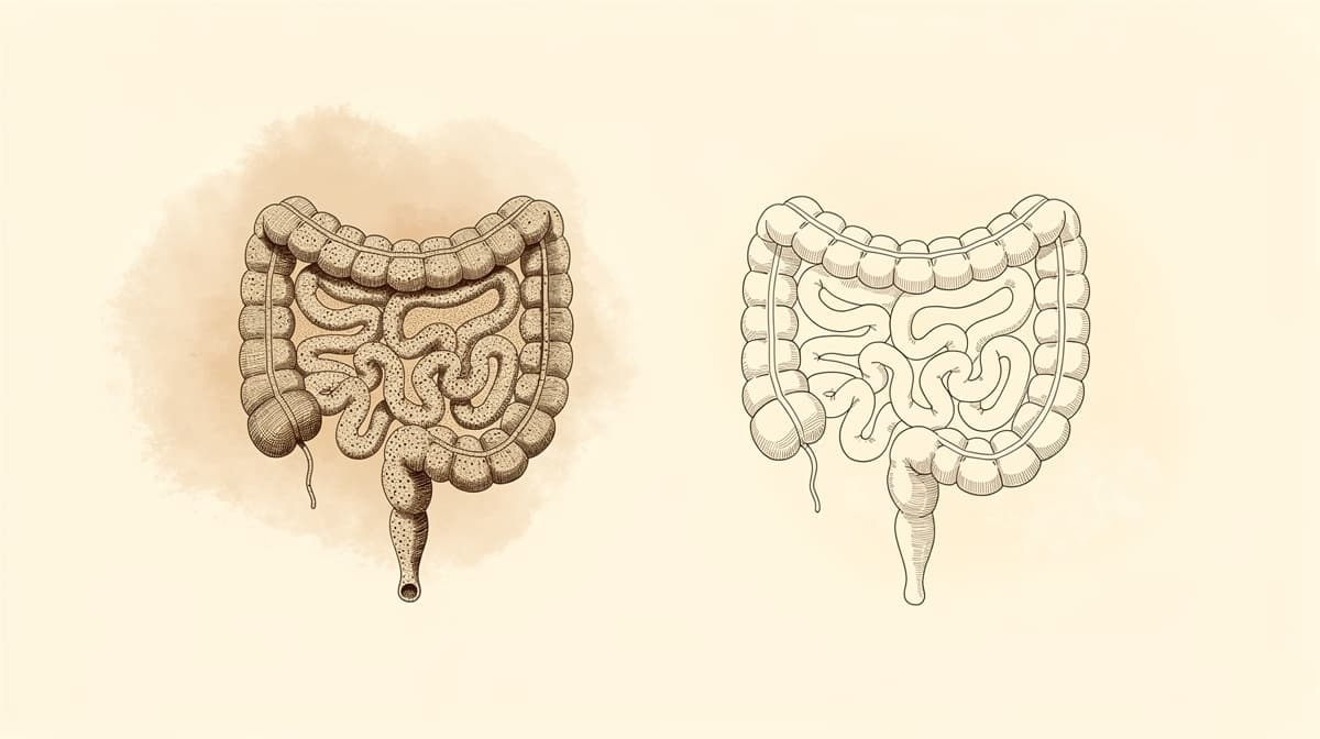Editorial line-art rendering of two abstract intestinal cross-sections side by side on a cream background, one inflamed with diffuse warm accent and one calmer with reduced accent, no figures or labels