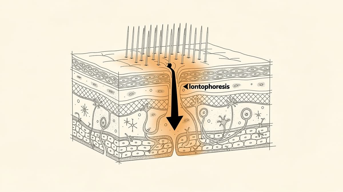 Editorial cross-section illustration of three skin layers with a stylised microneedle array and an electrical iontophoresis arrow in soft charcoal and warm tan, on a cream background