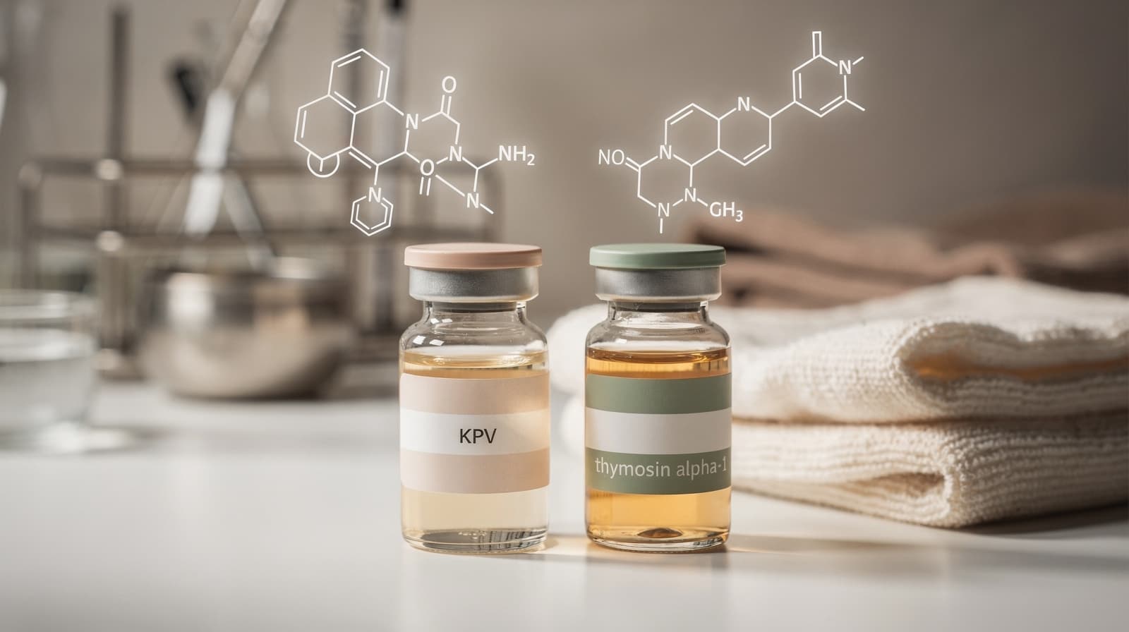 Side-by-side comparison of KPV tripeptide and thymosin alpha-1 peptide vials with molecular structure overlays on a laboratory bench.