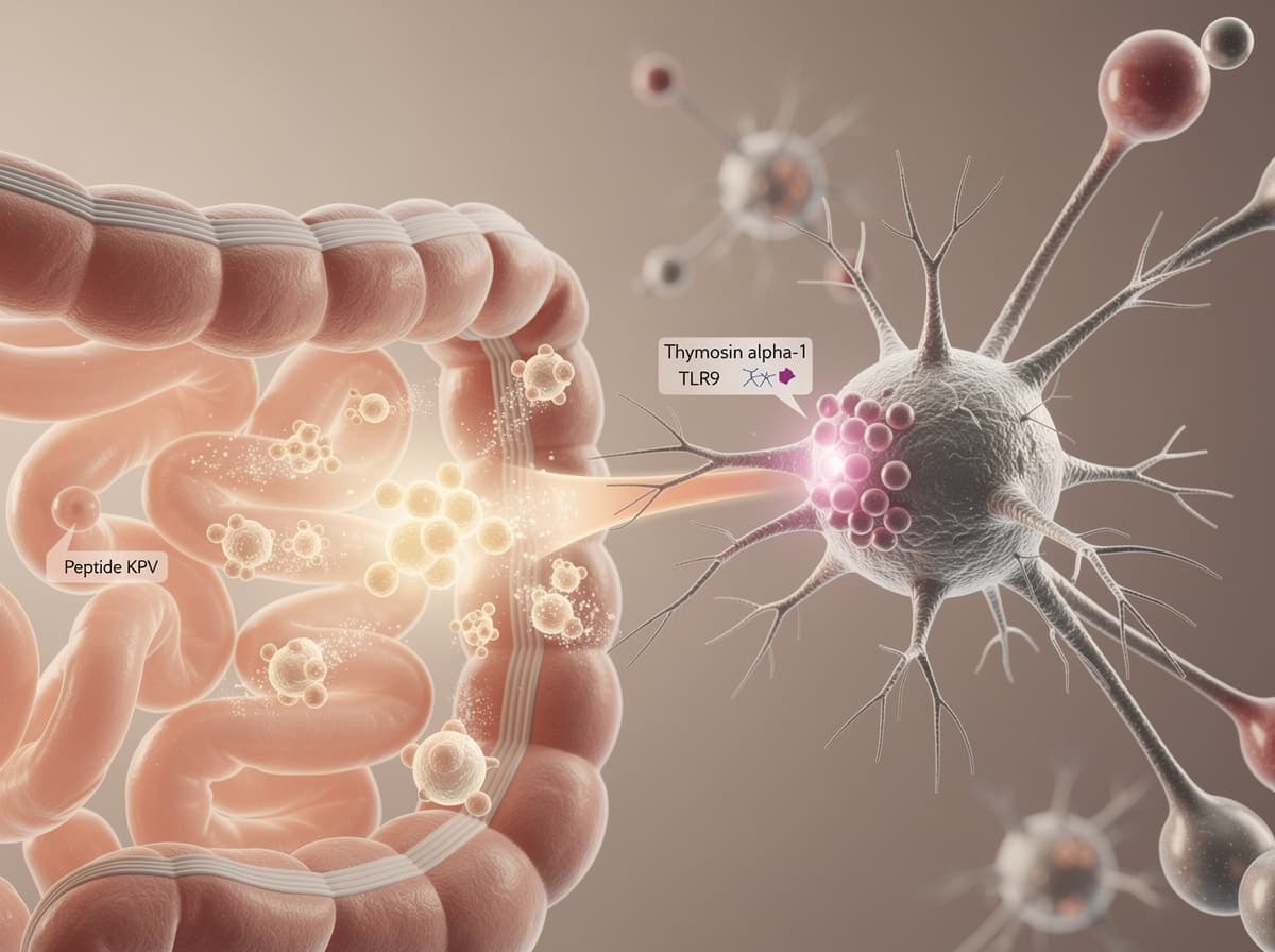 Diagram showing KPV entering colonic epithelial cells via PepT1 while thymosin alpha-1 binds TLR9 on dendritic cells to activate T-cell responses.
