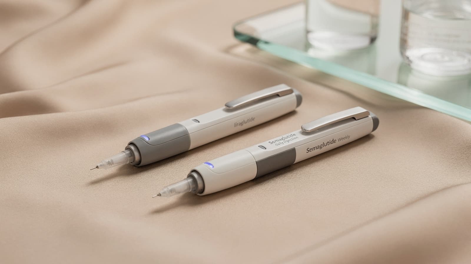 Side-by-side comparison of liraglutide daily injection pen and semaglutide weekly injection pen on a clinical background.