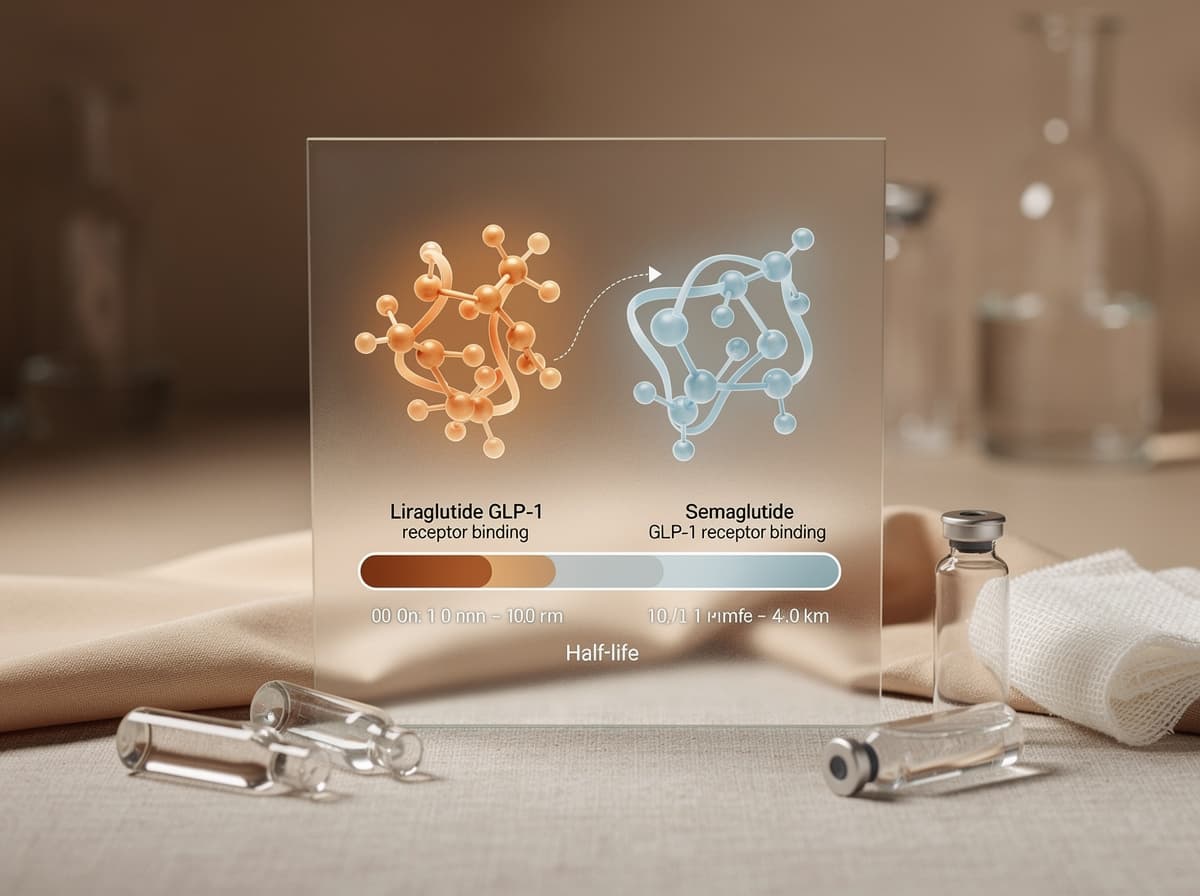 Diagram comparing liraglutide and semaglutide GLP-1 receptor binding and half-life durations