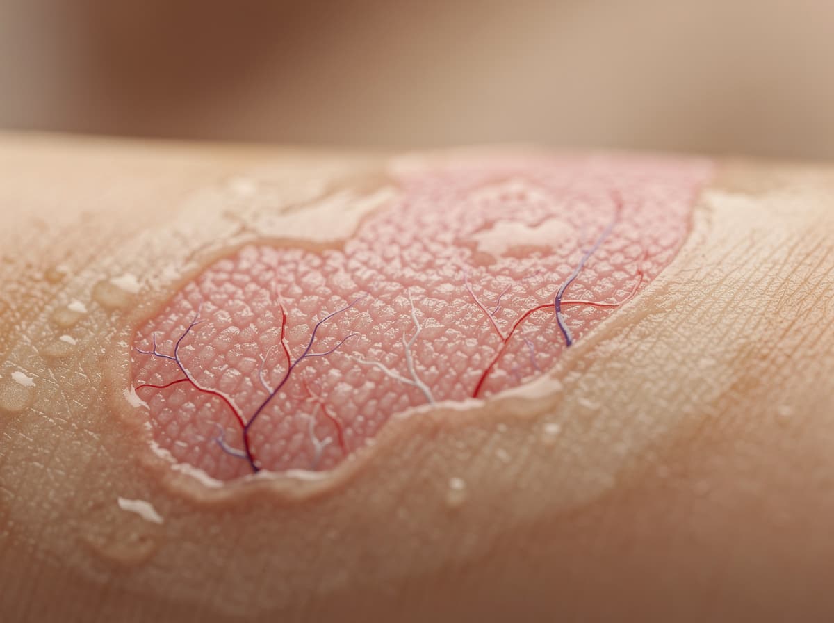 Close-up macro photograph of healing human skin tissue showing new pink granulation and fine capillary detail under soft clinical light