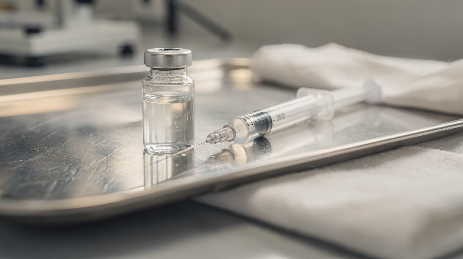 Macro photograph of a glass peptide vial and syringe on a stainless steel tray under cool laboratory light, researching LL-37 peptide.