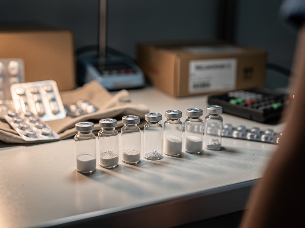 Unlabelled glass vials of suspected Melanotan 2 lined up after a customs inspection, illustrating the lack of quality control in private import.