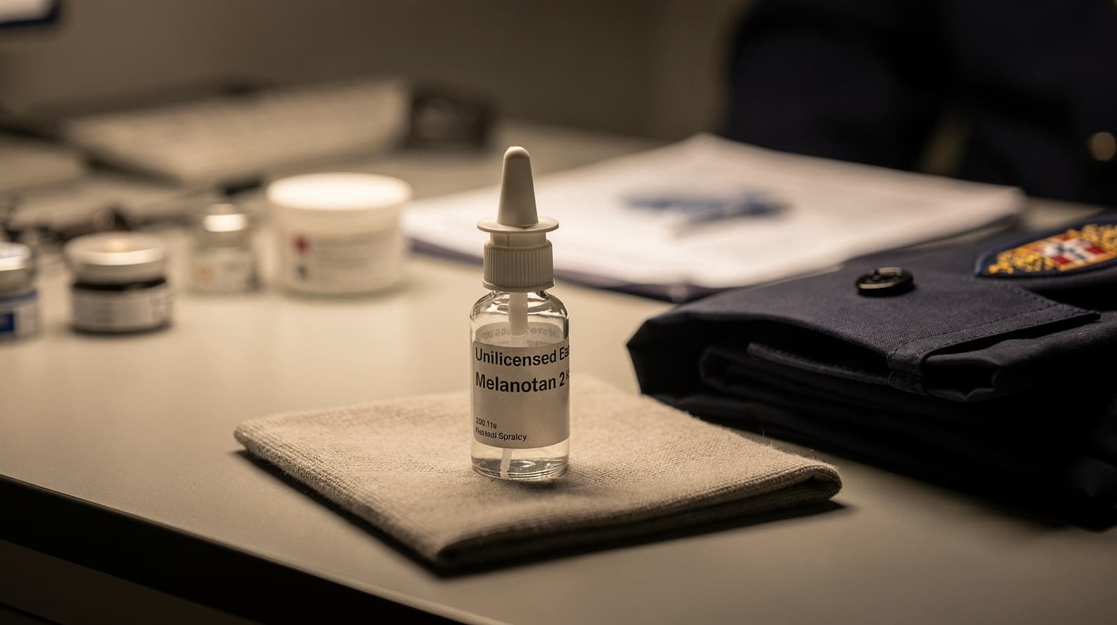 Vial of unlicensed Melanotan 2 nasal spray seized at a Norwegian customs checkpoint, illustrating the regulatory status of the peptide.