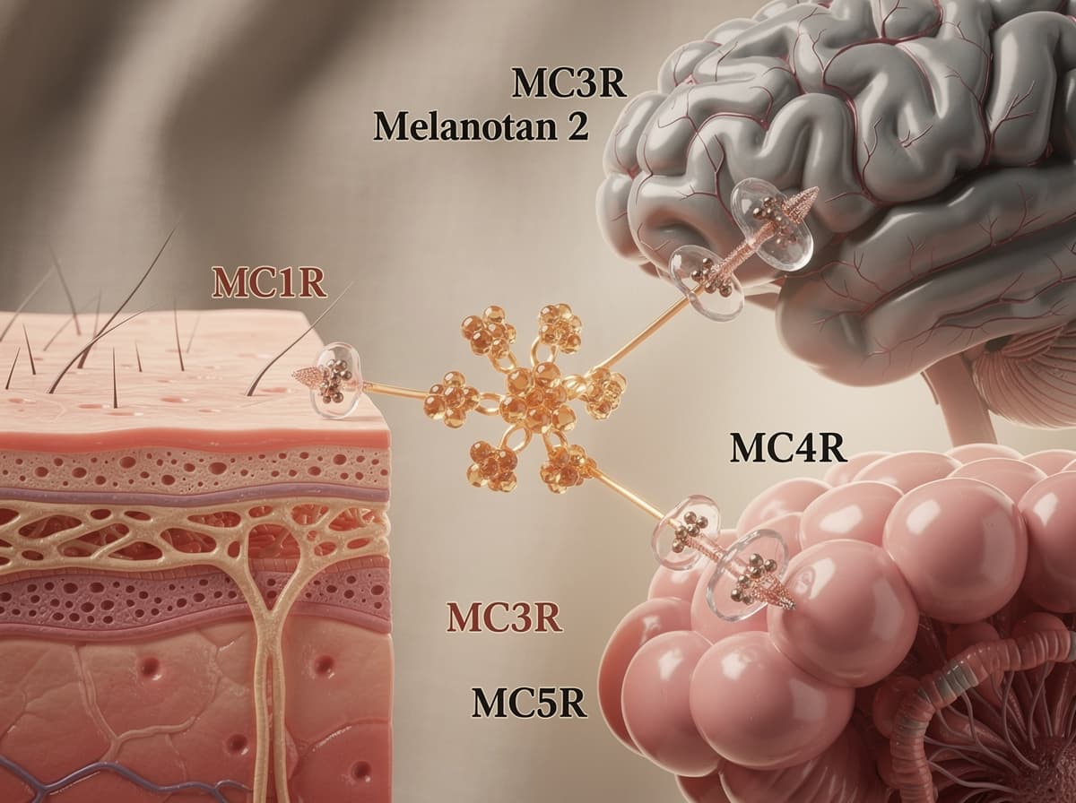Diagram showing Melanotan 2 binding to melanocortin receptors MC1R, MC3R, MC4R, and MC5R across skin, hypothalamus, and exocrine tissue.