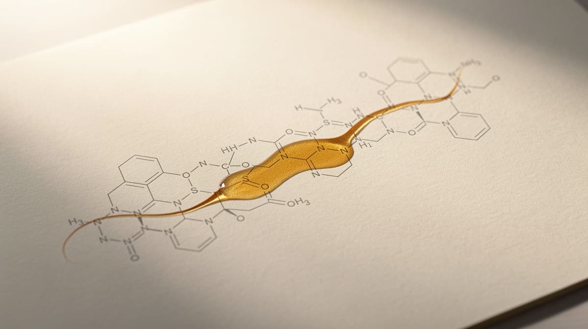 Illustration of an orally active small-molecule structure with elongated amber half-life accent, editorial line-art
