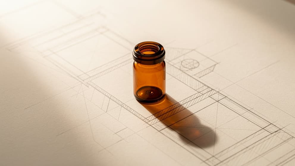 Ovenfra-stilleben av en liten forseglet amber-glass farmasøytisk beholder på gråhvit papir med subtil arkitektonisk referansegeometri