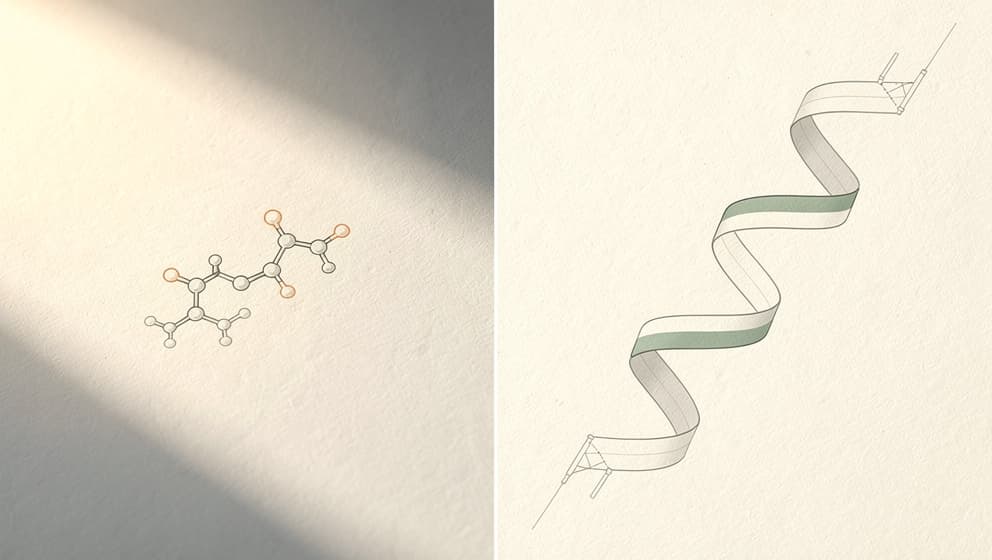 Delt-ramme-illustrasjon med en småmolekyl-struktur til venstre og et peptidbånd til høyre, amber- og sage-aksenter, sammenligner orale og injiserbare modaliteter