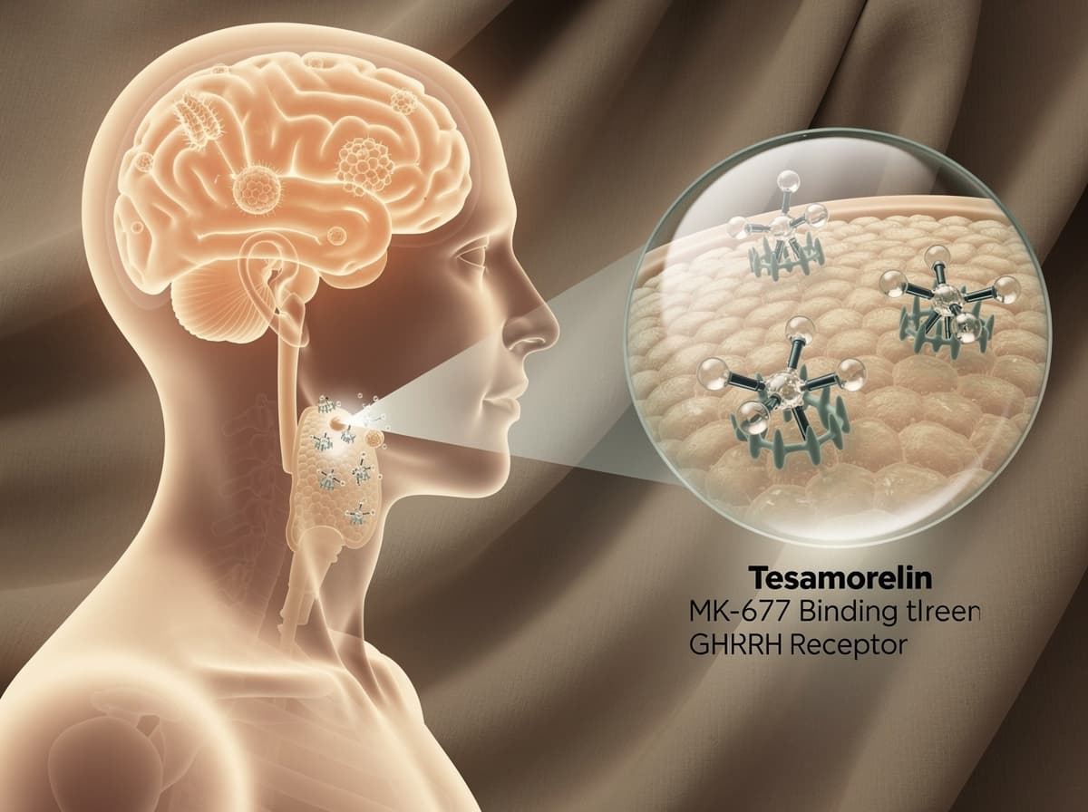 Diagram contrasting MK-677 binding the ghrelin receptor with tesamorelin binding the GHRH receptor on the pituitary.