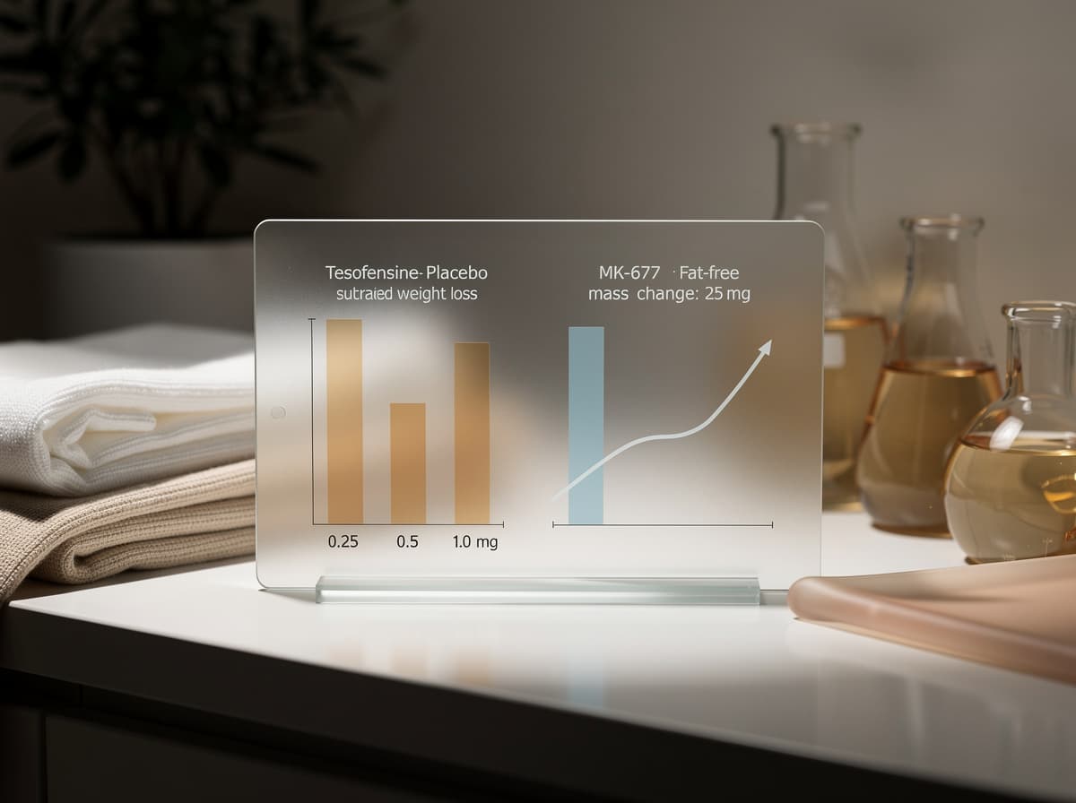 Diagram som kontrasterer tesofensin placebo-korrigert vekttap ved 0,25, 0,5 og 1,0 mg med MK-677 fettfri masse-endring ved 25 mg.