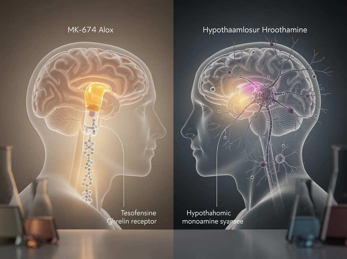 Diagram som kontrasterer MK-677 som aktiverer hypofysen via ghrelinreseptoren med tesofensin som virker på hypothalamiske monoaminsynapser.