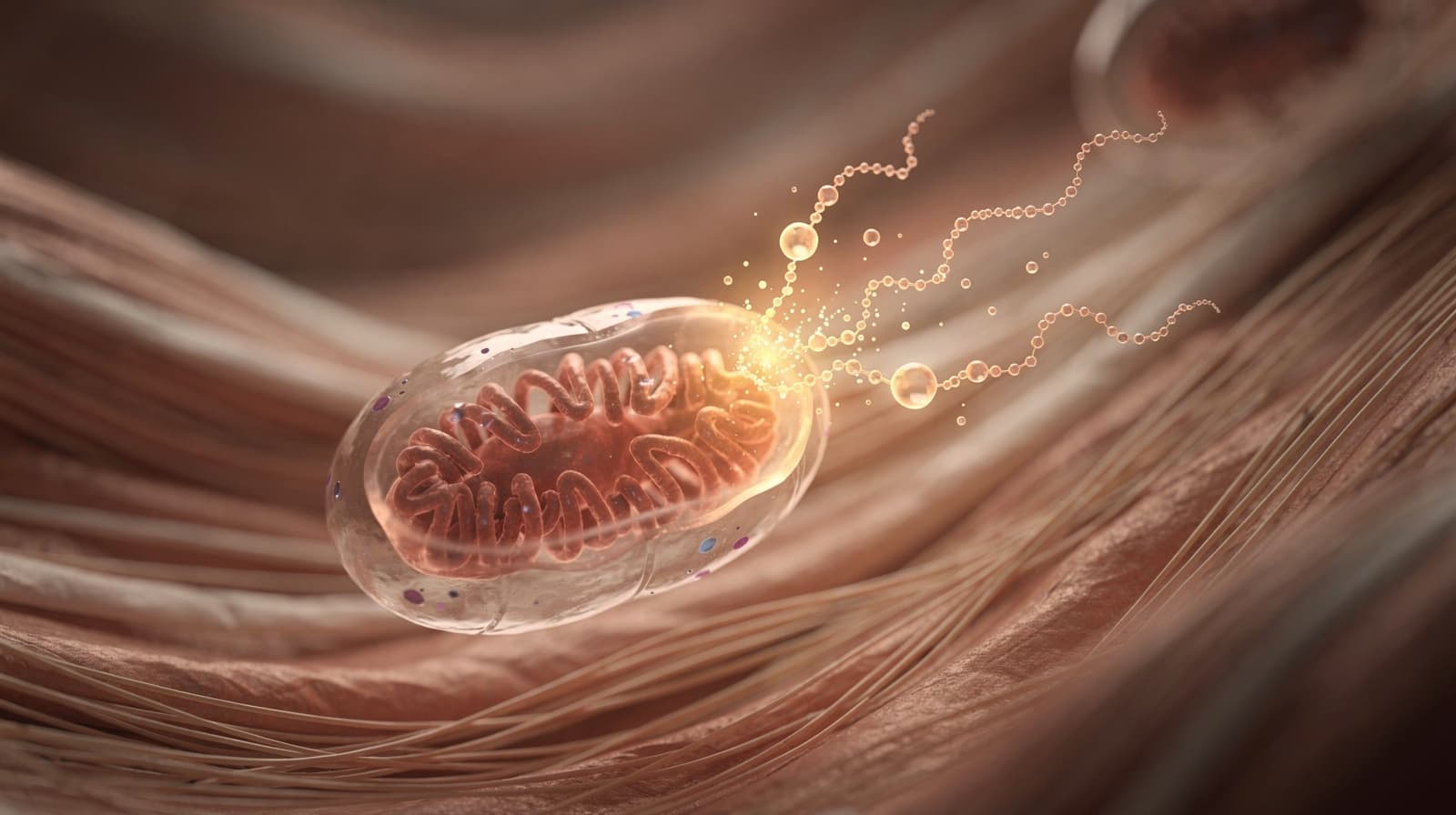 Illustration of a mitochondrion releasing the 16 amino acid MOTS-c peptide into the cytoplasm of a skeletal muscle cell.