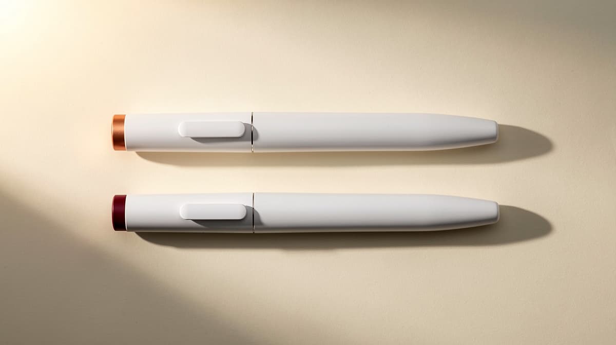 Two identical unbranded injection pens side by side on a cream surface, illustrating that Mounjaro and Zepbound contain the same drug.