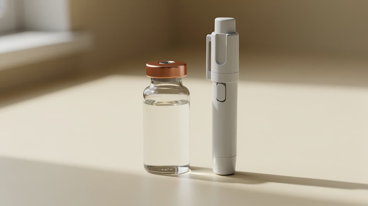 An unbranded single-dose vial beside an unbranded injection pen on a cream surface, representing the shared pen and vial presentations.