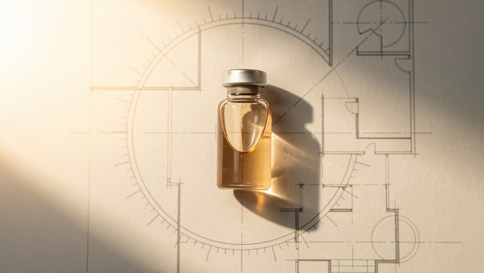 Top-down still-life of a closed laboratory vial with pale amber liquid on an architectural calibration blueprint with unmarked tick marks