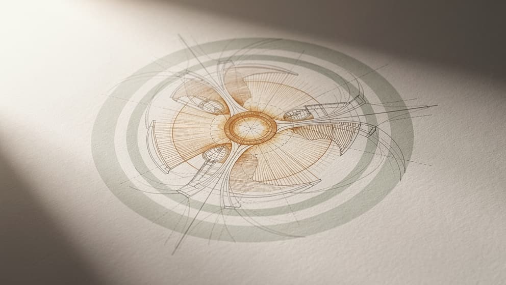 Abstrakt linjekunst-illustrasjon av cellulær energikaskade som stråler utover fra en sentral amber-kilde med sage ytre ringer, redaksjonell arkitektonisk stil