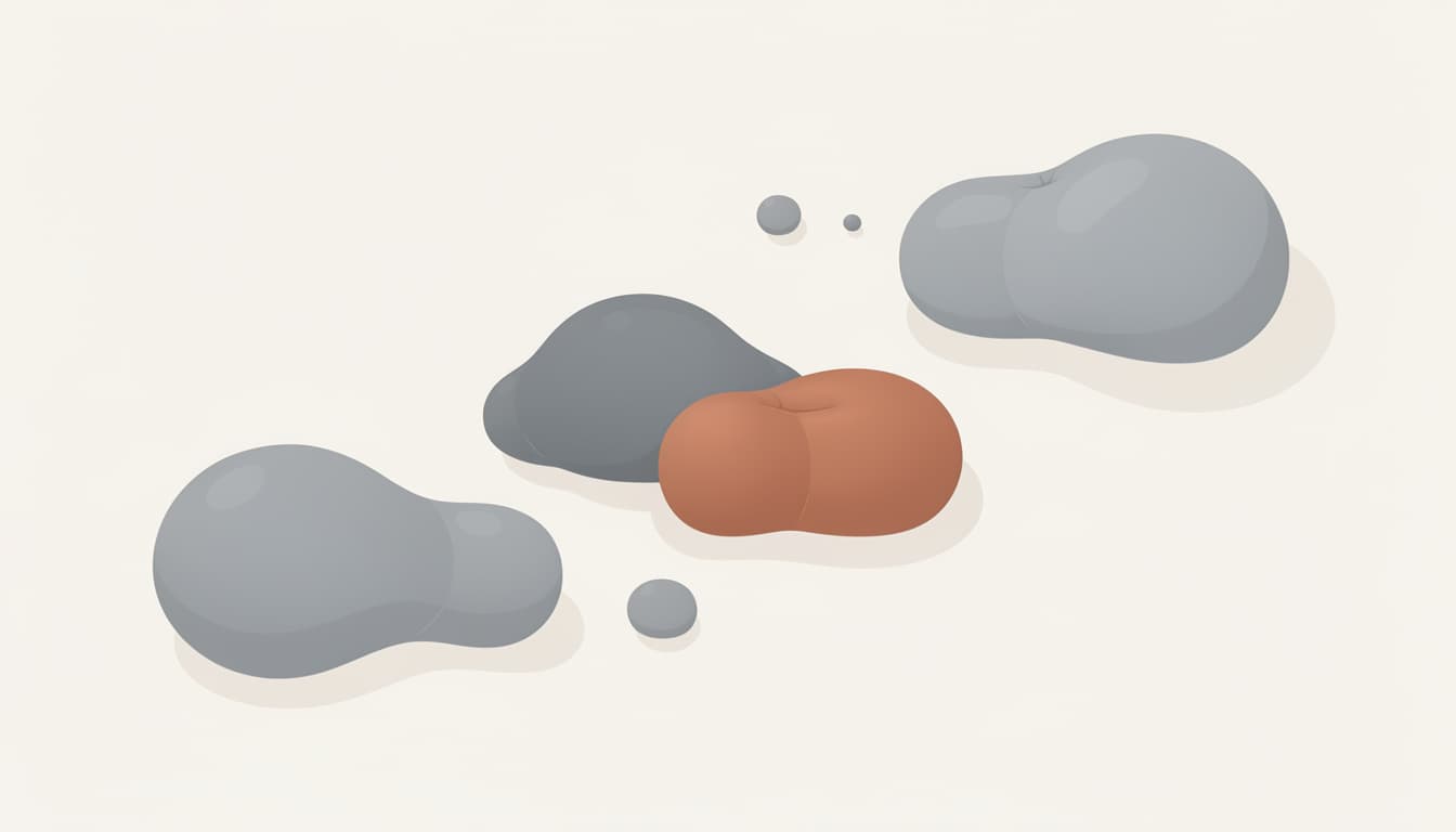 Illustration of several separate rounded volumes of differing fullness on a pale background, representing discrete fat compartments.
