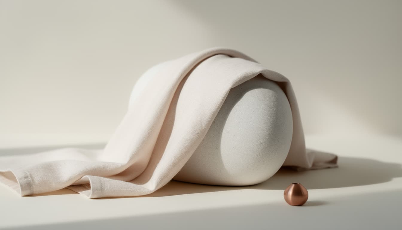 Abstract still life of soft draped fabric settling over a smooth curved form on a pale background, suggesting volume loss without a person.