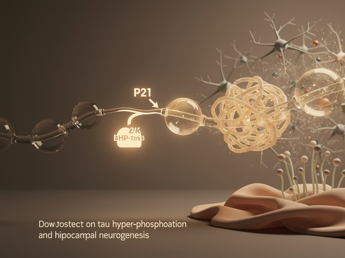 Diagram som viser P21 som virker på BDNF-TrkB-PI3K-Akt-GSK3beta-aksen, med nedstrømseffekter på tau-hyperfosforylering og hippocampal nevrogenese.