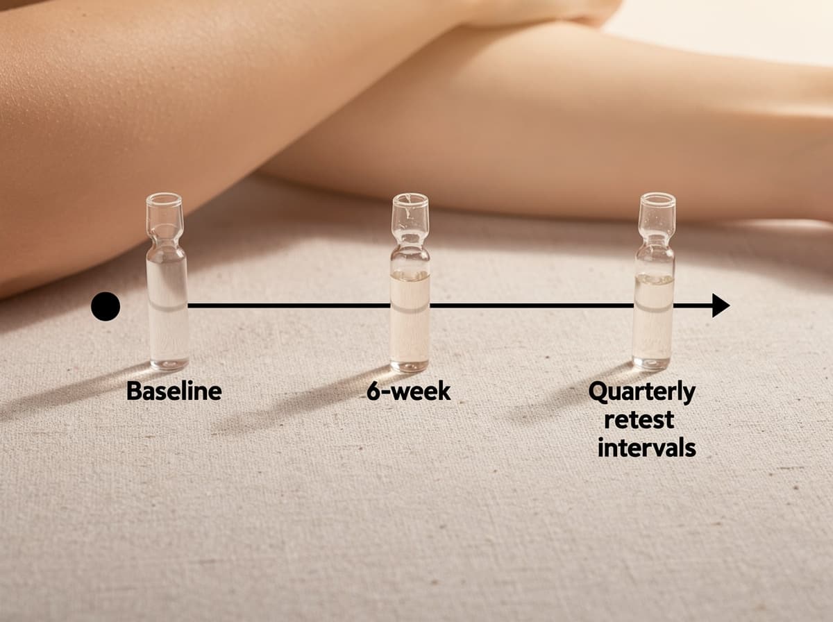 Tidslinje-diagram som viser baseline, 6 ukers og kvartalsvise retest-intervaller for peptid blodprøve-monitorering.