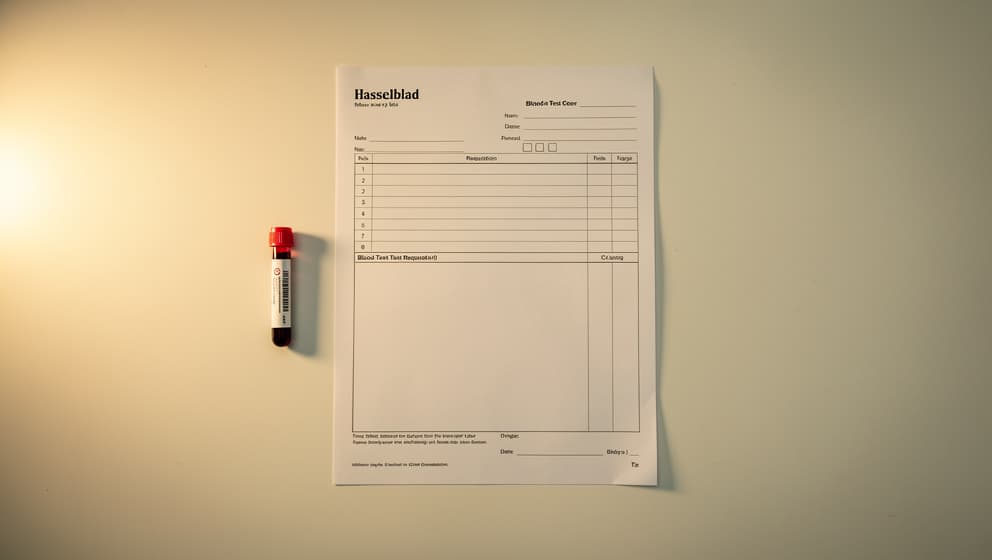 Editorial still-life of a blood-test requisition form and a sealed blood-collection tube on a warm off-white clinical desk, institutional aesthetic