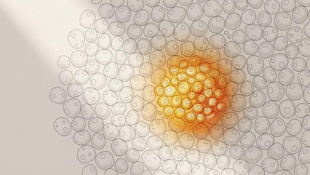 Abstract cellular proliferation illustration in editorial line-art with one area of excessive division highlighted in warm amber, muted charcoal cell outlines on off-white paper