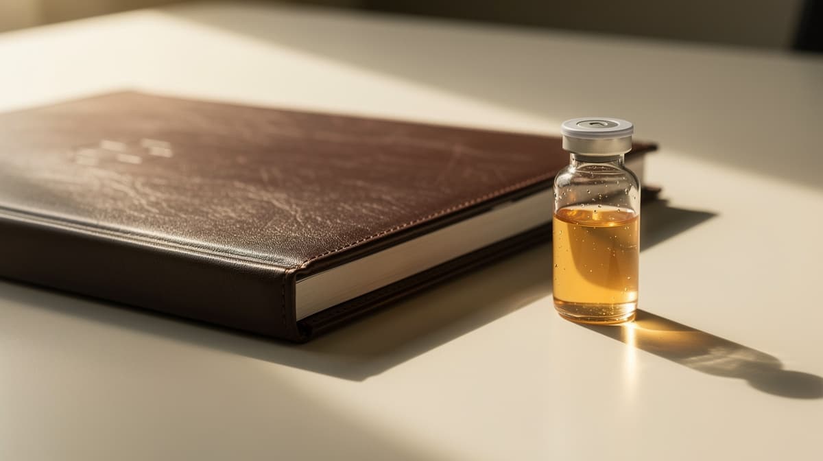 Still-life of a closed leather medical chart beside a sealed amber vial on a warm off-white desk, institutional clinical gravitas