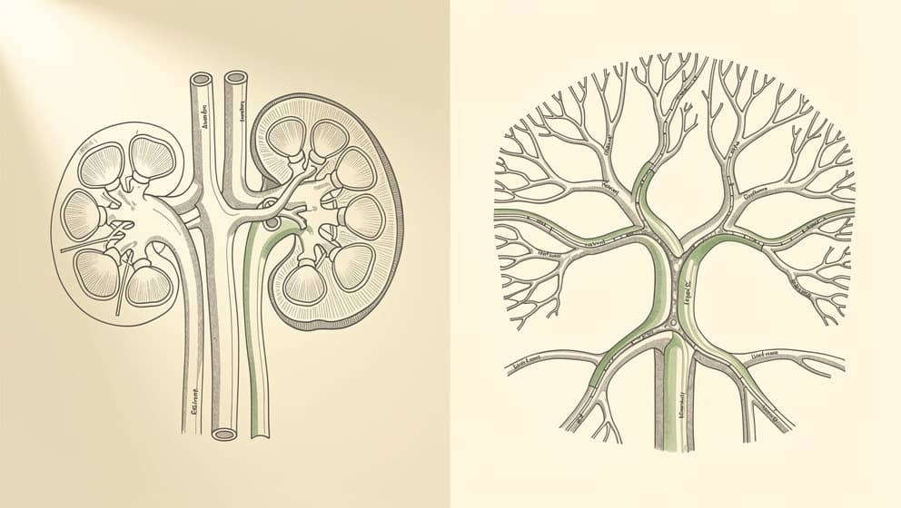 Split-frame anatomical illustration of glomerular filtration geometry and hepatic sinusoids rendered as clean editorial line-art with muted sage accents