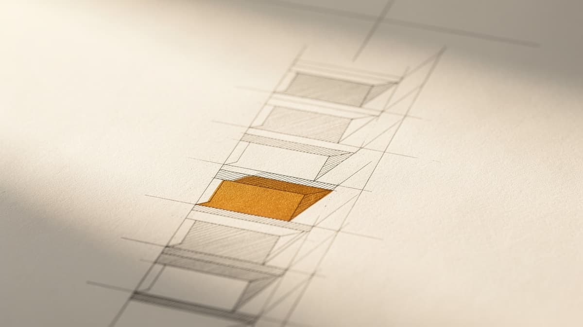 Arkitektonisk linjekunst av en proporsjonal dosetrapp på gråhvit papir med ett varmt amber-uthevet trinn, redaksjonell matematisk stil