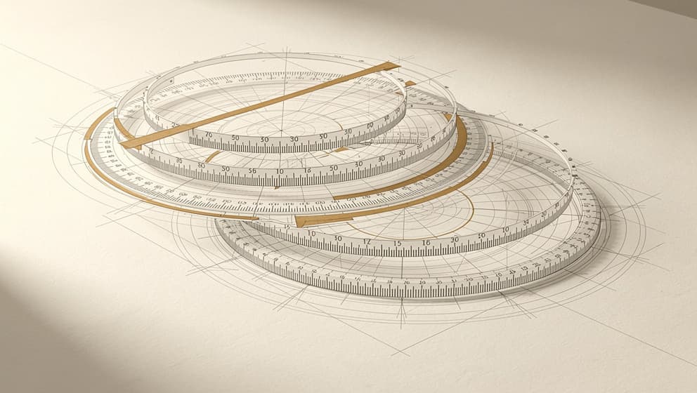 Arkitektonisk illustrasjon av nestede proporsjonale måleskalaer gjengitt som redaksjonell linjekunst på gråhvit papir med varme amber-aksenter
