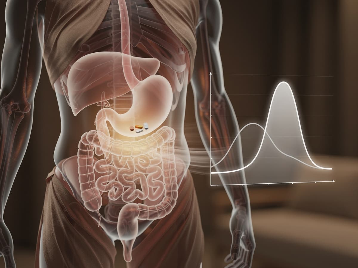 Diagram showing delayed gastric emptying from a GLP-1 receptor agonist and the resulting shift in oral drug absorption curves.