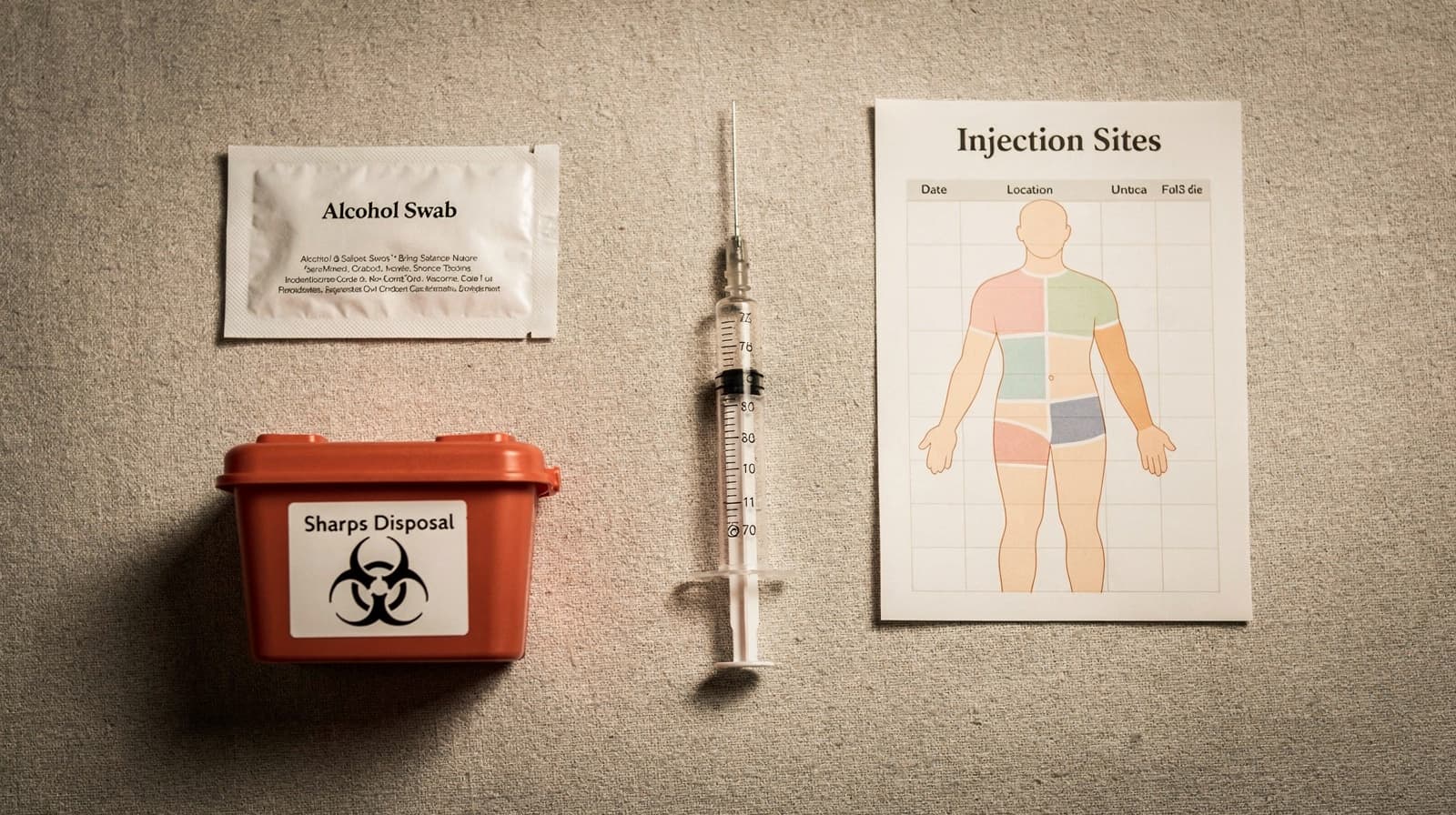 Oversiktsbilde av et forskningsoppsett for subkutan injeksjon: insulinsprøyte, alkoholswab, kanylebøtte og et rotasjonsskjema.