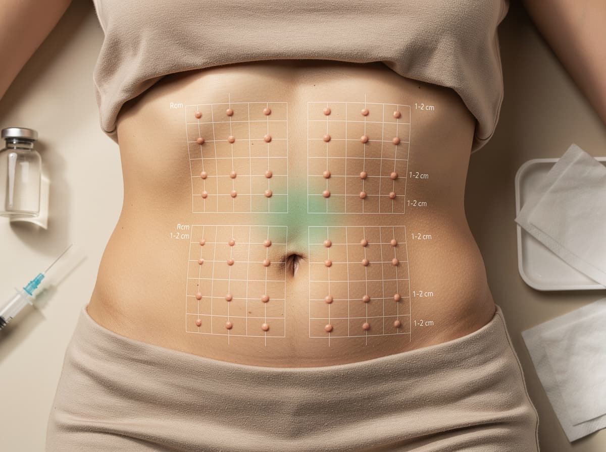 Rotasjonsrutenett på abdomen som viser fire kvadranter og ukentlig progresjon av injeksjonssteder med 1-2 cm avstand.