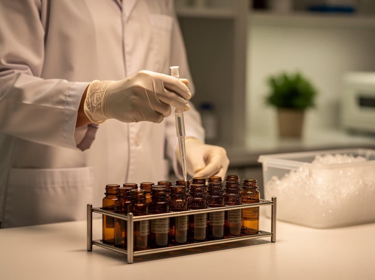 Researcher pipetting reconstituted peptide into small labeled amber cryotubes on a sterile bench for single-use frozen aliquots.