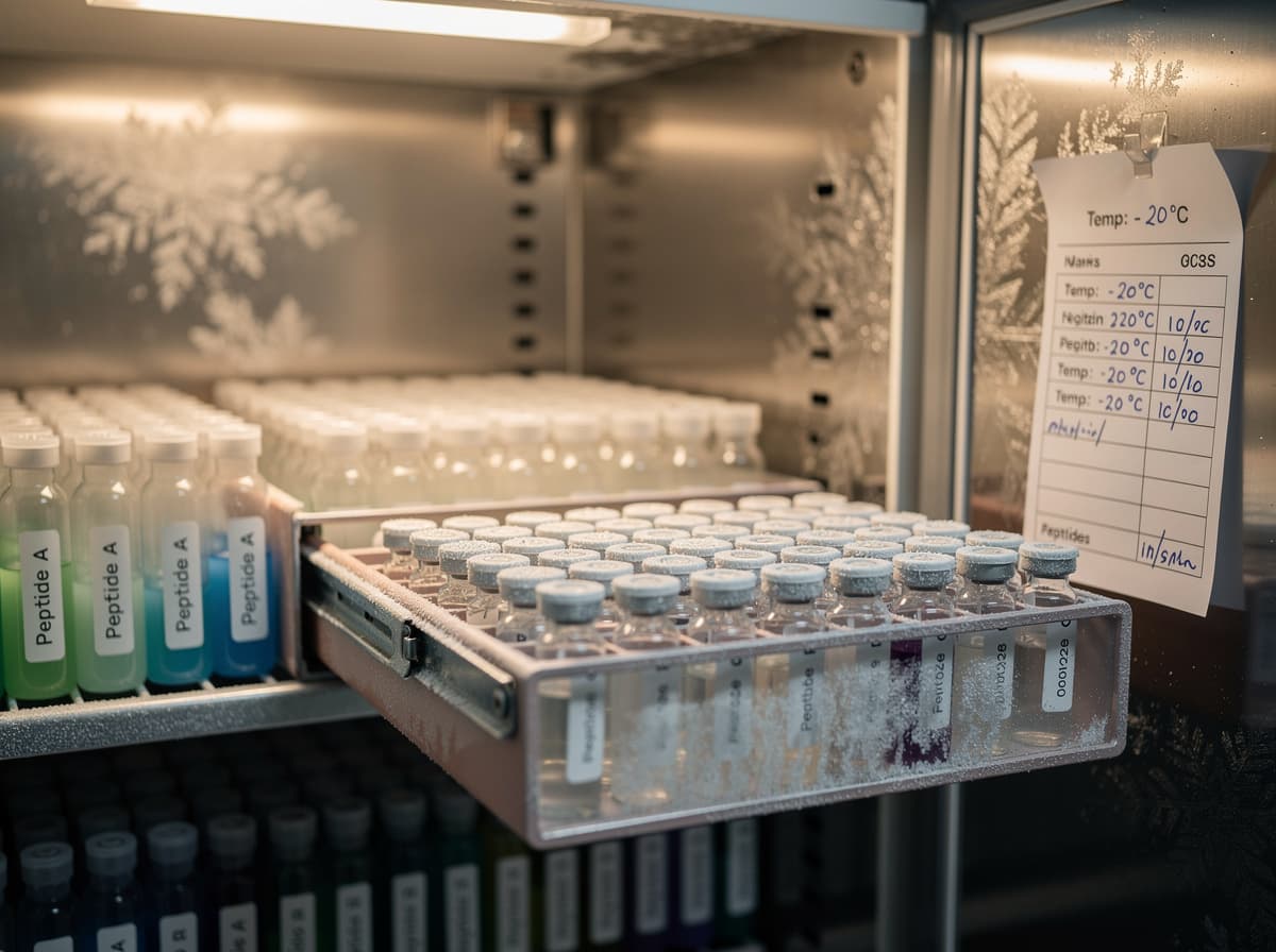 Organized peptide vials in labeled cryo boxes inside a minus twenty degrees Celsius laboratory freezer with a temperature log.