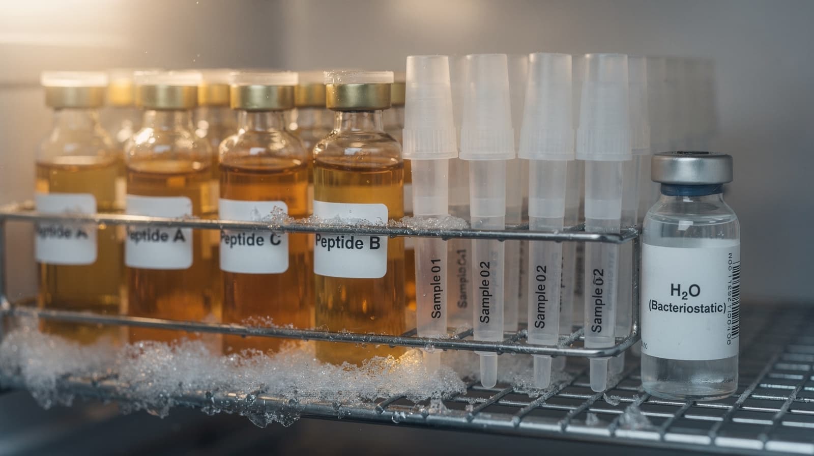 Ravfargede peptidhetteglass i et laboratoriefryserstativ ved minus tjue grader, ved siden av alikvotrør og bakteriostatisk vann.