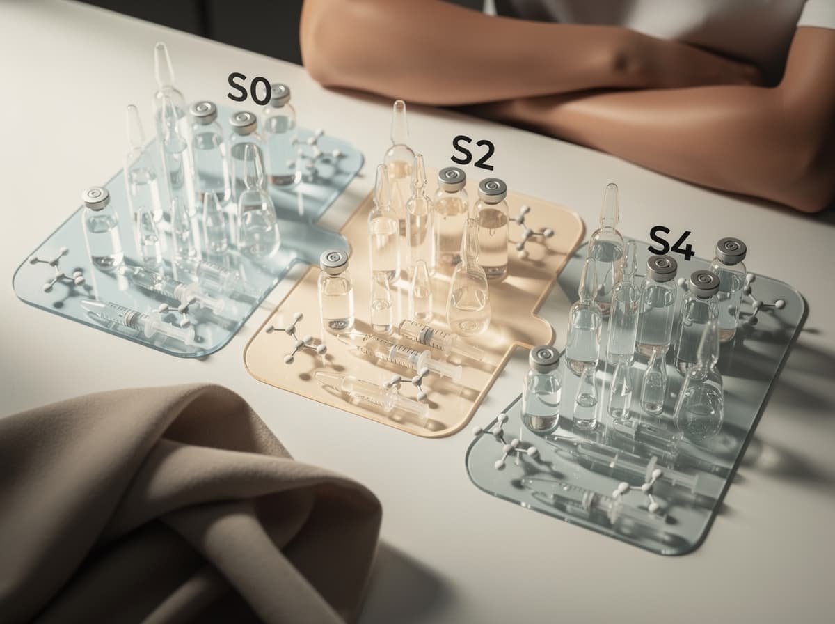 Diagram som viser WADA-kategoriene S0, S2 og S4 med eksempelpeptider gruppert under hver klassifiseringskode