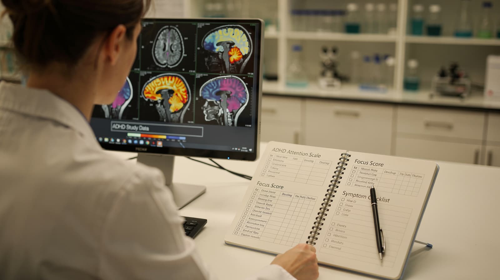 Forsker som gjennomgår hjerneavbildningsdata på en skjerm ved siden av en notatbok med ADHD-vurderingsskalaer i et stille laboratorium.