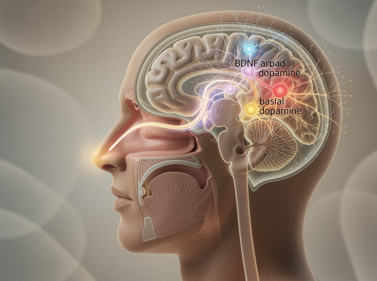 Diagram som viser intranasal Semax-vei til basalt forhjerne med annoteringer for BDNF- og dopaminsignalering.