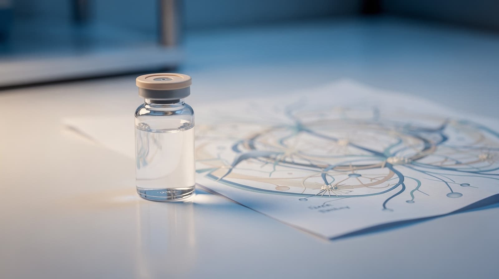 Glass vial of research peptide on a clean clinical bench beside a neural-pathway diagram, soft blue lighting, editorial science photography.