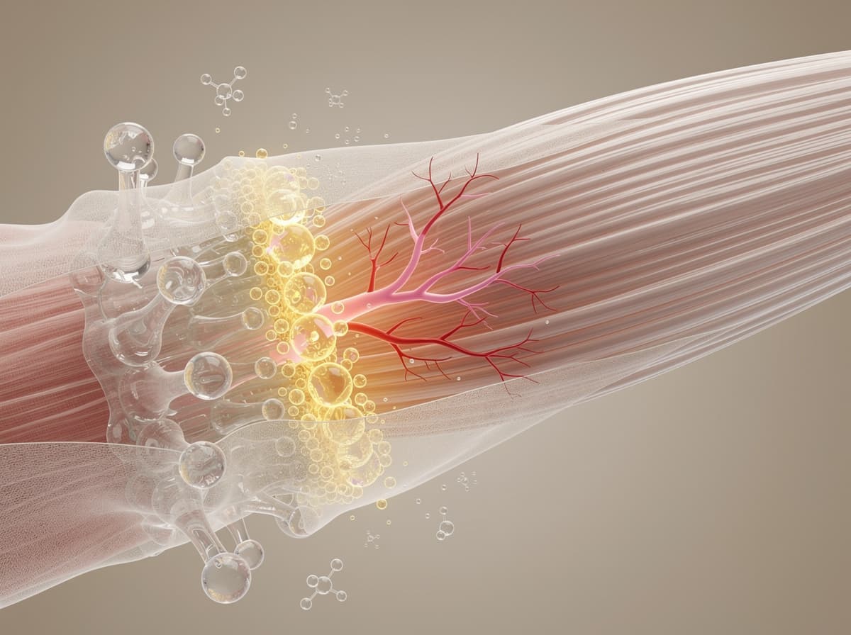 Diagram showing BPC-157 upregulating GH receptor expression on tendon fibroblasts and amplifying angiogenesis and collagen synthesis in a healing tendon.