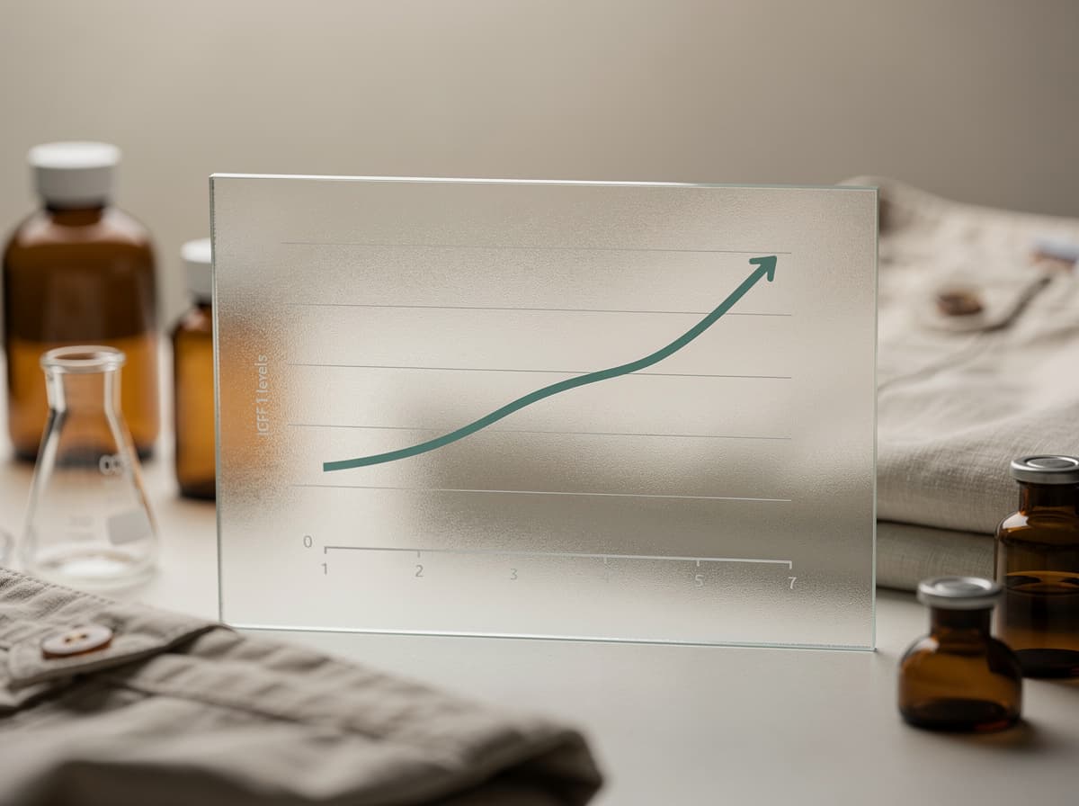 Line chart illustrating IGF-1 rising from baseline to young-adult range across weeks of oral MK-677 dosing.