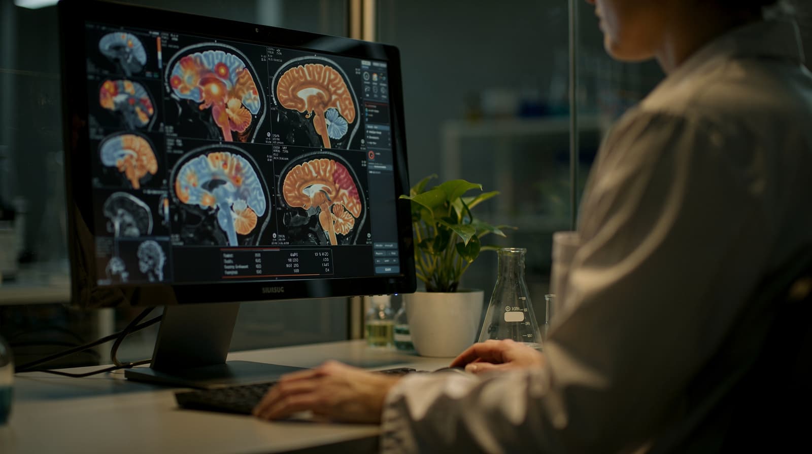 Researcher studying brain scans on a monitor showing cognitive activity patterns related to post-viral brain fog and neuroinflammation.