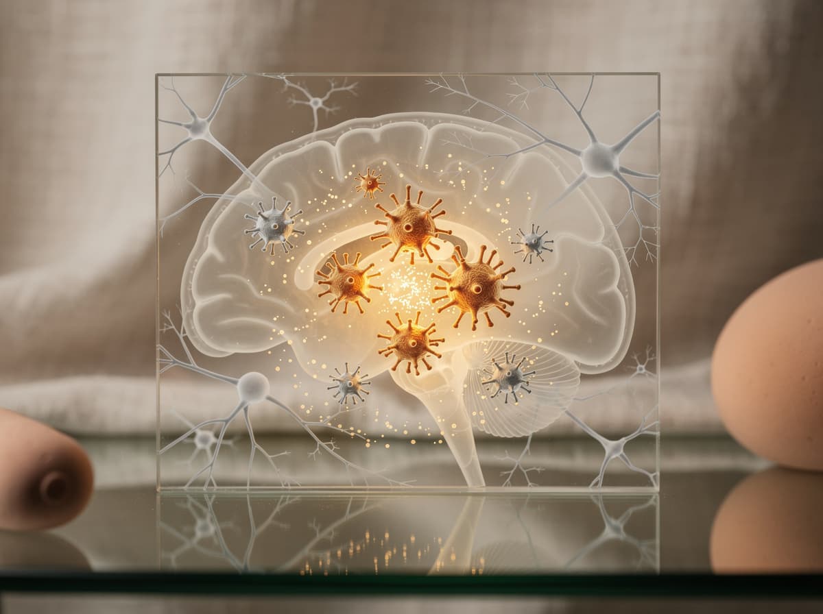 Diagram showing microglial activation and cytokine release in post-viral neuroinflammation.
