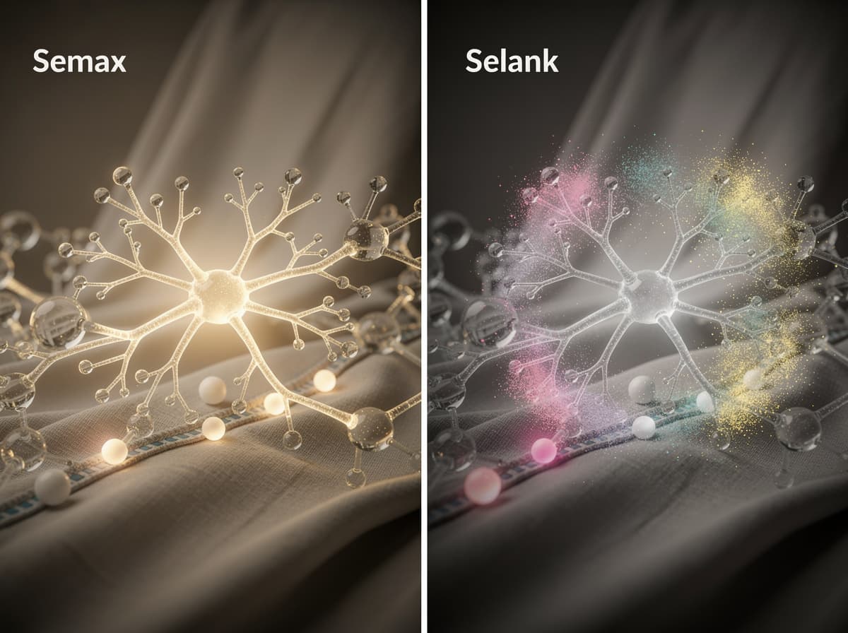 Side-by-side comparison of Semax and Selank mechanisms of action on BDNF, neurotransmitters, and cytokines.