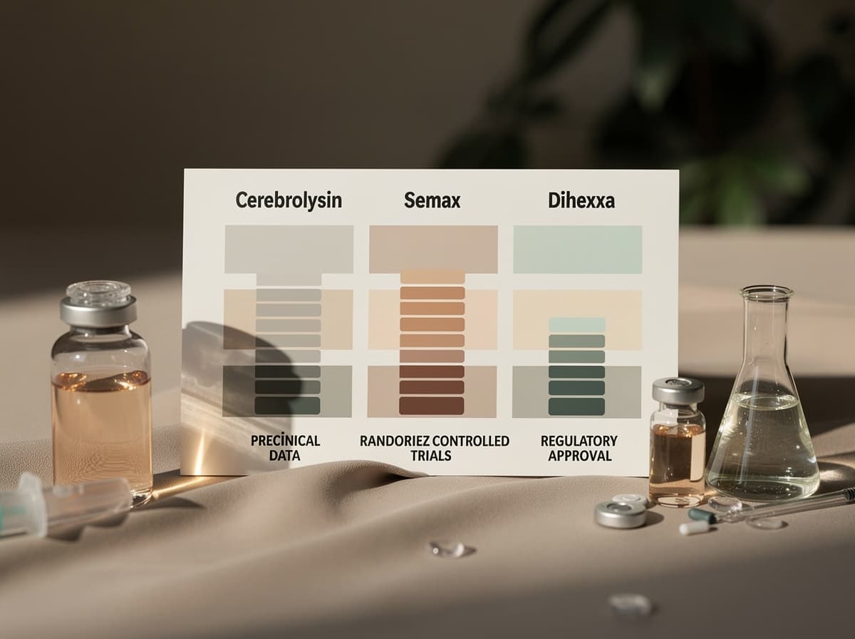Comparison chart showing evidence tiers for Cerebrolysin, Semax, and Dihexa across preclinical, RCT, meta-analysis, and regulatory approval categories.
